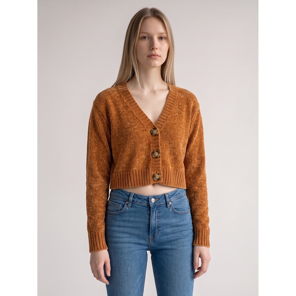 Urban Outfitters Chenille Cropped Cardigan Sweater Burnt Orange Rust XS TP